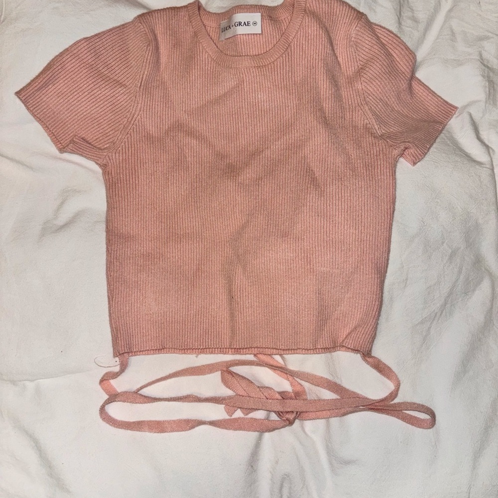 Pink & Green Ribbed Knit Tops with Ties